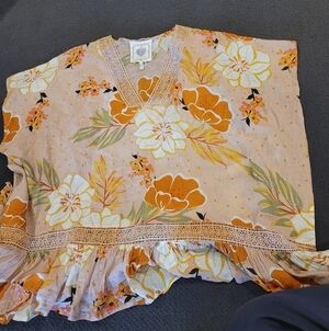 Z & L Orange Floral Cover-up Poncho Top Vacation Boho Hawaii